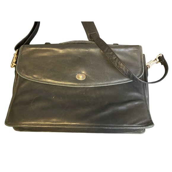 Vintage Black Leather Briefcase With Shoulder Strap Silver Clasp